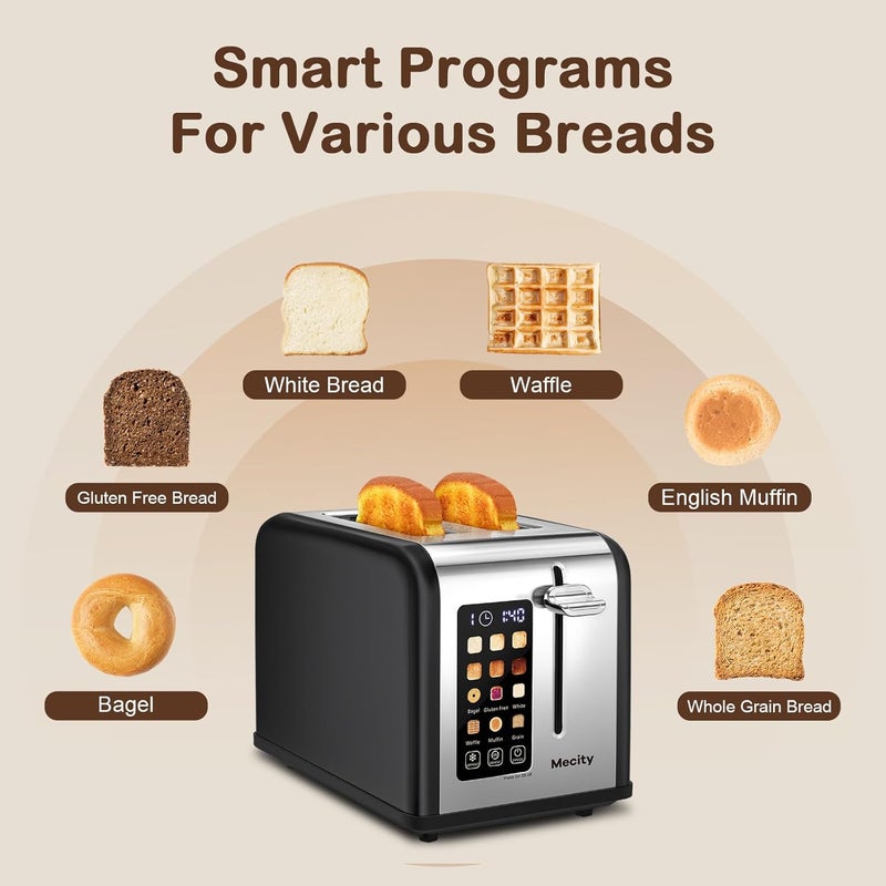 Mecity 2 Slice Touch Screen Toaster, 1.5" Wide Slot, Stainless Steel Smart Toaster for Bagels, Muffins, Waffles, Gluten-Free Breads, Defrost, Reheat, Timer, 120V 825W, Matt Black - Image 3
